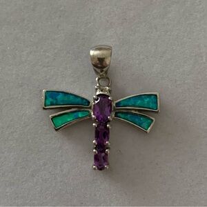 925 Sterling Silver Purple Crystal Gems & Simulated Blue Opal Dragonfly Pendant